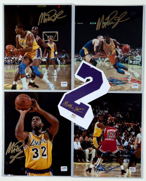LOT OF (5) MAGIC JOHNSON SIGNED ITEMS - FOUR 8 X 10 ACTION PHOTOS & SIGNED NUMBER