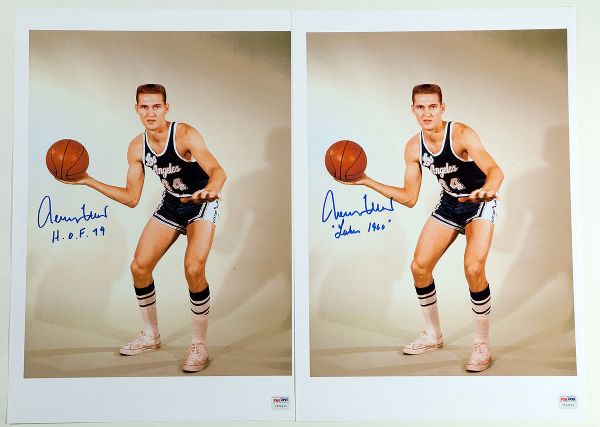 PAIR OF JERRY WEST AUTOGRAPHED ROOKIE PHOTOS W. NOTATIONS