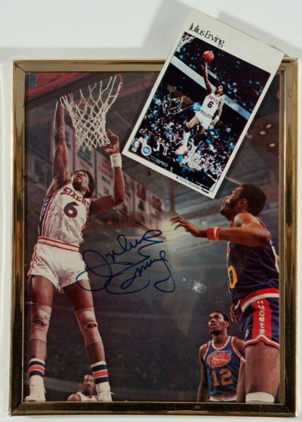 RARE 1980S SPORTS ILLUSTRATED "DR. J." POSTER CARD PLUS AUTOGRAPHED "DR. J." PHOTO