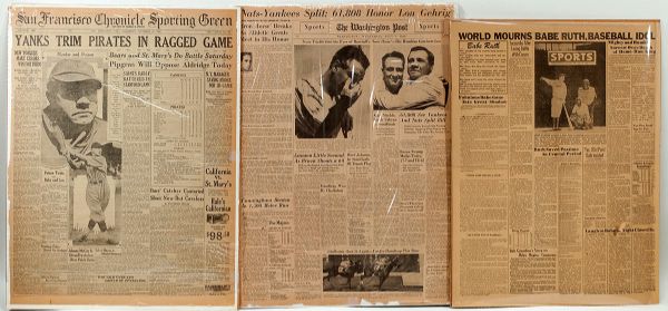 FOUR VINTAGE NEWSPAPERS WITH BABE RUTH AND LOU GEHRIG CONTENT