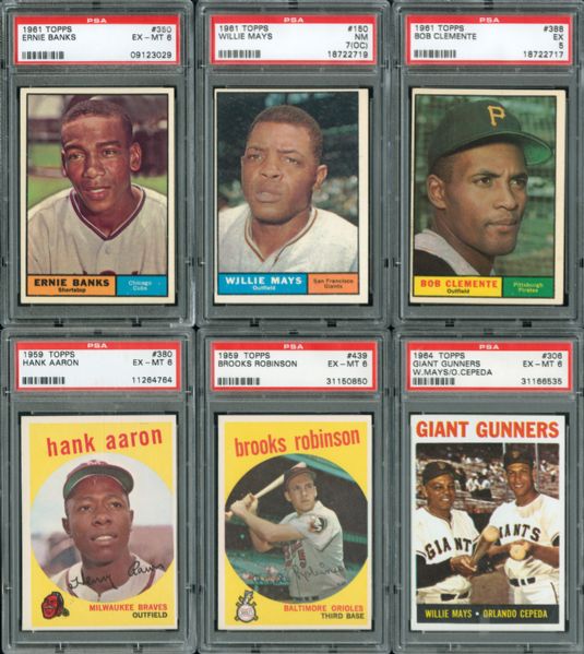 1959-64 TOPPS PSA GRADED HALL OF FAME LOT OF 6 INC. MAYS, AARON, AND CLEMENTE