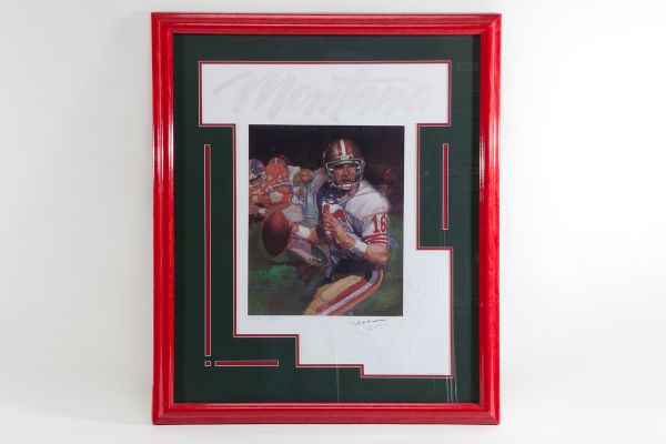 LARGE 40X34 FRAMED JOE MONTANA SIGNED LIMITED EDITION LITHOGRAPH BY ARTIST FRANCIS LIVINGSTON