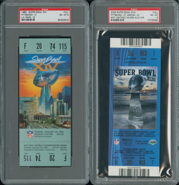 1976, 1979, 1980, AND 2009 PITTSBURGH STEELERS SUPER BOWL FULL TICKETS NM-MT PSA 8