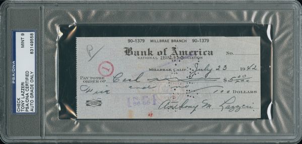 JULY 7, 1942 TONY LAZZERI SIGNED BANK CHECK MINT PSA 9