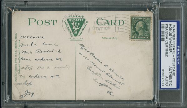1913 HONUS WAGNER HANDWRITTEN POSTCARD SENT TO HIS WIFE FROM BOSTON (HONUS WAGNER ESTATE)