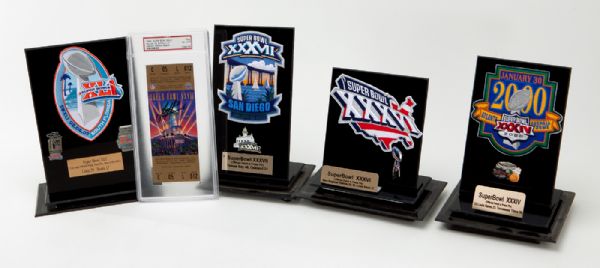 FOUR OFFICIAL SUPER BOWL PRESS PINS AND PATCHES