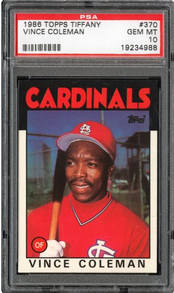 1986 TOPPS TIFFANY #370 VINCE COLEMAN GEM MINT PSA 10 (1/23) - DMITRI YOUNG COLLECTION