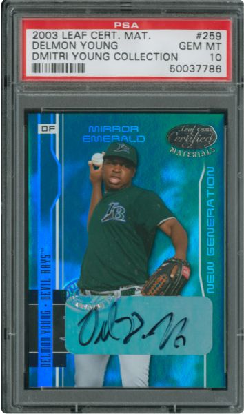 2003 LEAF CERTIFIED MATERIALS #259 DELMON YOUNG MIRROR EMERALD AUTO. #04/05 GEM MINT PSA 10 (1/1) - DMITRI YOUNG COLLECTION