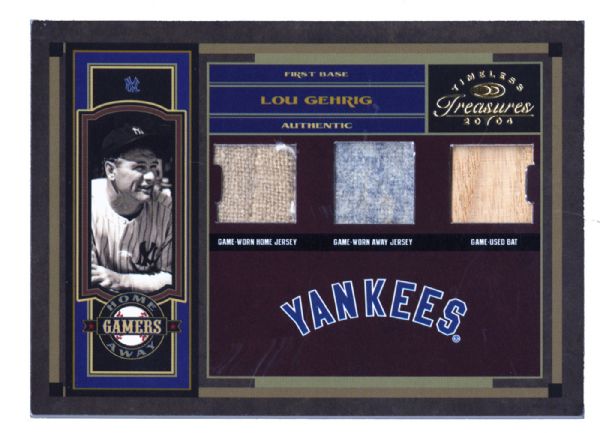 2004 DONRUSS TIMELESS TREASURES LOU GEHRIG GAME USED BAT, HOME AND AWAY JERSEYS 04/25