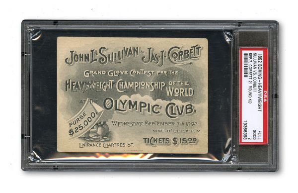 SEPTEMBER 7, 1892 JOHN L. SULLIVAN VS JAMES J. CORBETT WORLD HEAVYWEIGHT CHAMPIONSHIP FIGHT FULL TICKET GD PSA 2