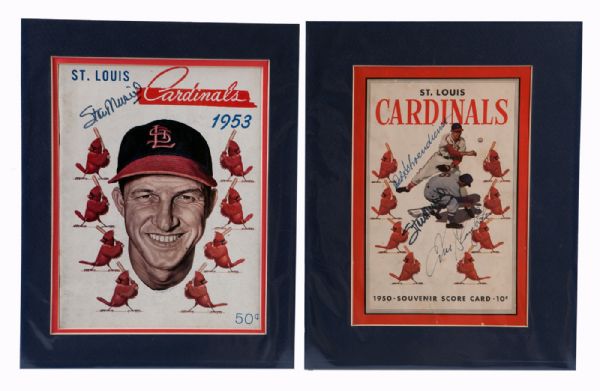 STAN MUSIAL SIGNED 1953 ST. LOUIS CARDINAL YEARBOOK PLUS STAN MUSIAL, RED SCHOENDIENST, AND ENOS SLAUGHTER SIGNED 1950 CARDINAL SCORECARD