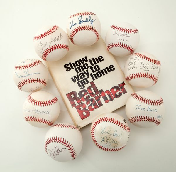 ANNOUNCER SIGNED BASEBALL LOT OF 9 INC HALL OF FAMERS VIN SCULLY, ERNIE HARWELL, JACK BUCK, HARRY CARAY, AND RON SANTO PLUS A RED BARBER SIGNED BOOK