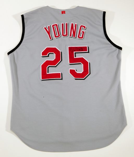 1999 DMITRI YOUNG AUTOGRAPHED CINCINNATI REDS GAME WORN ROAD JERSEY (LOA FROM DMITRI YOUNG)