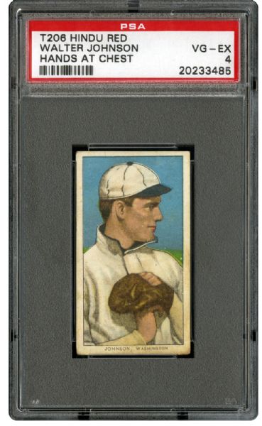  1909-11 T206 RED HINDU BACK WALTER JOHNSON (HANDS AT CHEST) VG-EX PSA 4