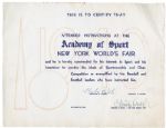 1940 NEW YORK WORLDS FAIR ACADEMY OF SPORT CERTIFICATE SIGNED BY BABE RUTH AND CHRISTY WALSH