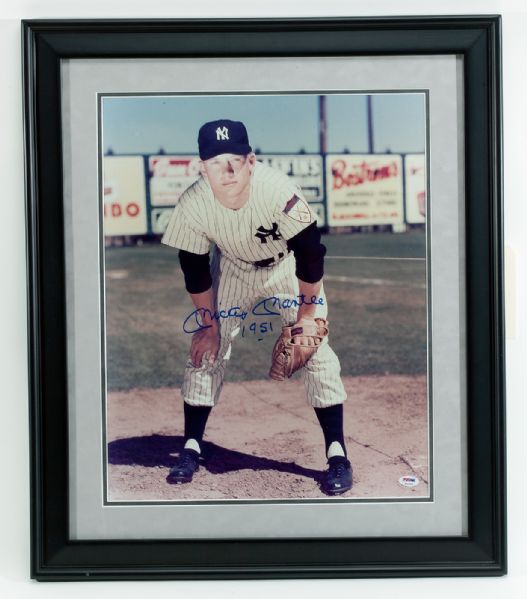 FRAMED MICKEY MANTLE SIGNED 16 X 20 PHOTO WITH "1951" INSCRIPTION GEM MINT PSA 10