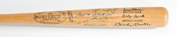 SIGNED 500 HR BAT WITH 10 SIGNATURES INC MANTLE, MAYS, WILLIAMS, AND 7 OTHERS
