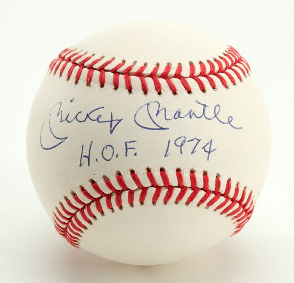MICKEY MANTLE SINGLE SIGNED BASEBALL INSCRIBED "H.O.F. 74"