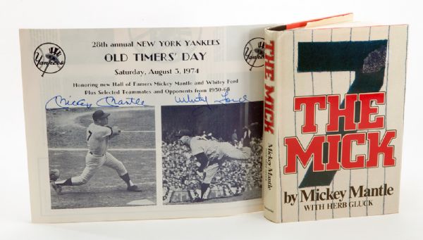 1974 OLD TIMERS PROGRAM SIGNED BY MANTLE, FORD AND MICKEY MANTLE SIGNED BOOK "THE MICK" 