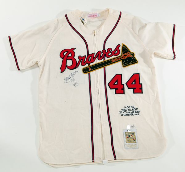 HANK AARON SIGNED MITCHELL & NESS REPLICA JERSEY INSCRIBED "755" AND "3771" - STEINER