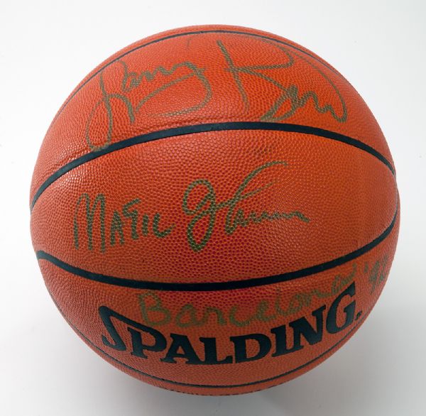 SIGNED SPALDING NBA BASKETBALL BY LARRY BIRD AND MAGIC JOHNSON