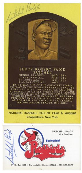 SATCHEL PAIGE SIGNED BUSINESS CARD AND HALL OF FAME PLACARD