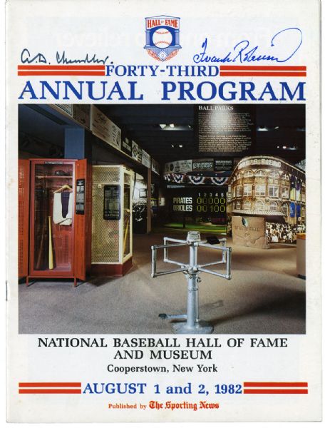 1982 HALL OF FAME PROGRAM SINGLE SIGNED BY HAPPY CHANDLER, FRANK ROBINSON WITH (2) 3X5 INDEX CARDS SIGNED BY CHANDLER