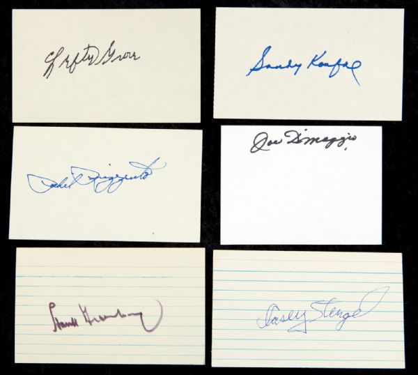 LOT OF (39) SIGNED 3 x 5 INDEX CARDS INCLUDING JOE DIMAGGIO, CASEY STENGEL, AND MANY OTHER HOFERS