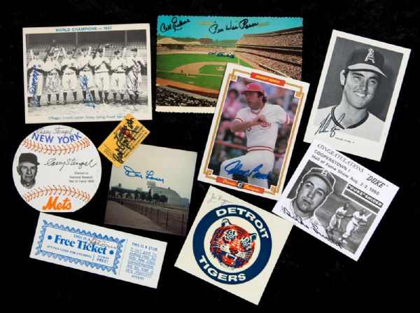 LOT OF OVER (35) POST CARDS PHOTOS ETC WITH OVER 50 SIGNATURES INCLUDING JOE DIMAGGIO, STENGEL, SNIDER, RYAN, AND OTHERS