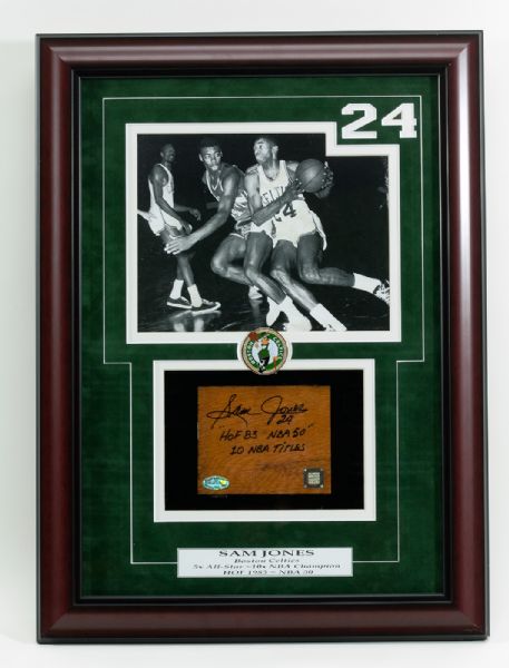 SAM JONES PHOTO AND SIGNED PARQUET FLOOR FROM BOSTON GARDEN INSCRIBED "24" "HOF 83 NBA 50 10 NBA TITLES" 