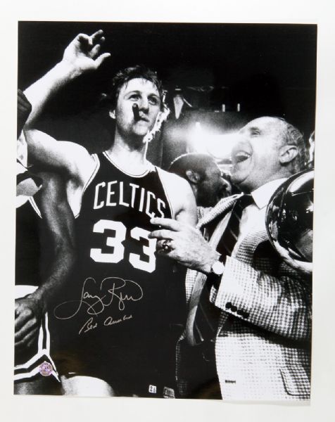 LARRY BIRD AND RED AUERBACH DUAL SIGNED 16 X 20 BLACK AND WHITE PHOTO