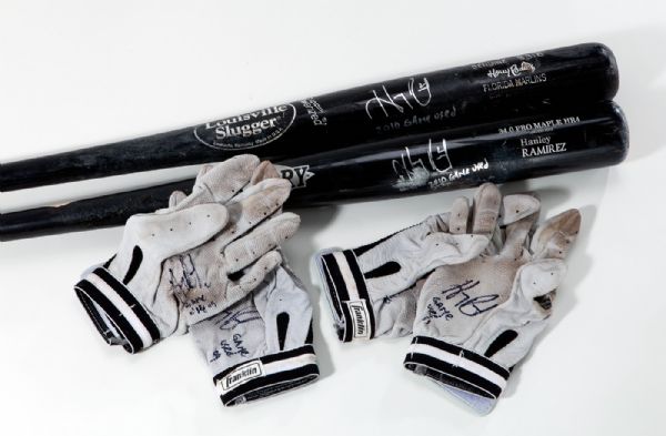 HANLEY RAMIREZ LOT OF (2) GAME USED BATS AND (2) GAME WORN BATTING GLOVES