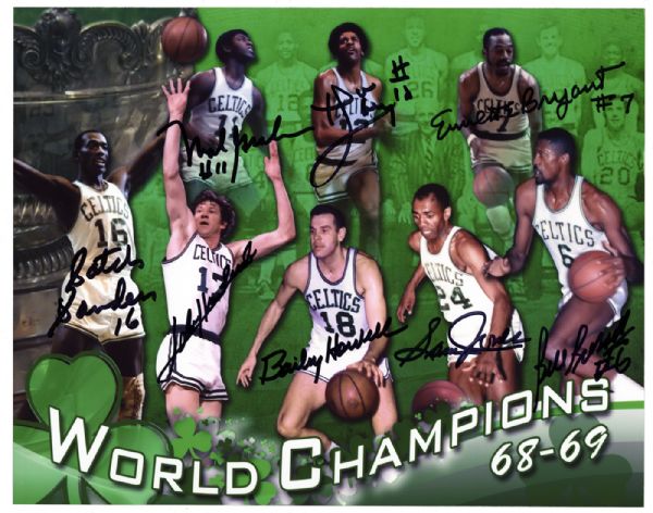 1968-69 WORLD CHAMPION BOSTON CELTICS TEAM SIGNED 8X10 PHOTO WITH RUSSELL, JONES, HAVLICEK, AND 5 OTHERS