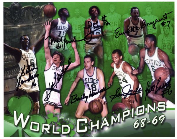 1968-69 WORLD CHAMPION BOSTON CELTICS TEAM SIGNED 8X10 PHOTO WITH RUSSELL, JONES, HAVLICEK, AND 5 OTHERS PSA/DNA