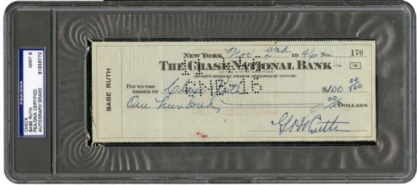 1946 BABE RUTH DOUBLE SIGNED CHECK MADE OUT TO CLAIRE RUTH MINT PSA 9