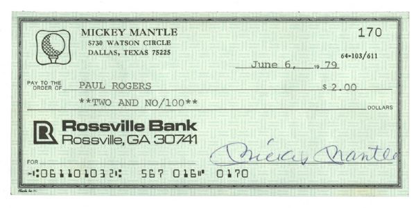 1979 MICKEY MANTLE SIGNED PERSONAL CHECK