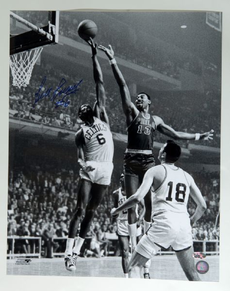 BILL RUSSELL AND WILT CHAMBERLAIN SIGNED 16X20 BLACK AND WHITE ACTION PHOTO 