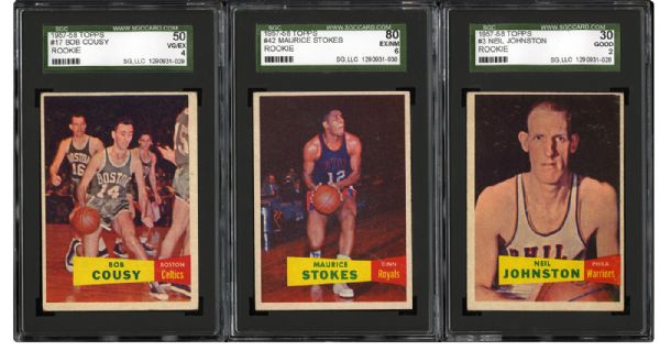 1957-58 TOPPS BASKETBALL GRADED LOT OF (3) INCLUDING THE ROOKIE CARD  OF BOB COUSY #17 AND (2) OTHERS