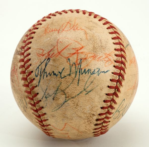 BASEBALL SIGNED BY 14 INC. THURMAN MUNSON AND PHIL RIZZUTO