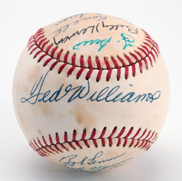 BASEBALL SIGNED BY 10 HALL OF FAMERS INC. TED WILLIAMS AND YOGI BERRA