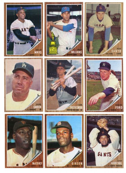 1962 TOPPS BASEBALL LOT OF 230 DIFFERENT INC. MAYS, MCCOVEY, GIBSON, SNIDER