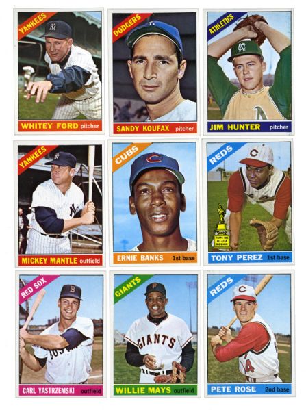 1966 TOPPS BASEBALL LOT OF 117 DIFFERENT INC. MANTLE, MAYS, KOUFAX, ROSE, FORD AND 8 OTHER HOF 