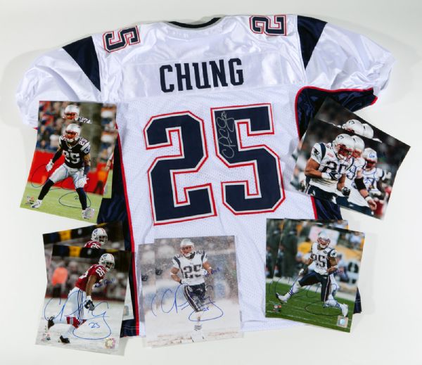 PATRICK CHUNG SIGNED NEW ENGLAND JERSEY AND (10) 8 X 10 PHOTOS