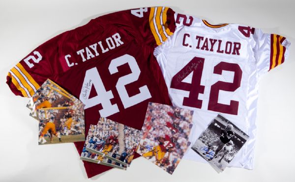 CHARLEY TAYLOR WASHINGTON REDSKINS (2) SIGNED JERSEYS HOME AND AWAY WITH (10) 8 X 10 PHOTOS