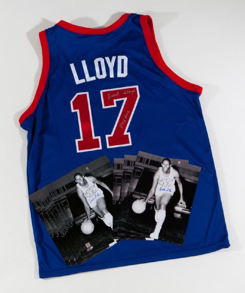 EARL LLOYD SIGNED JERSEY AND (10) 8 X 10 PHOTOS ST AFRICAN AMERICAN TO PLAY IN NBA GAME