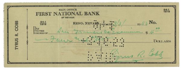 1953 TY COBB SIGNED CHECK
