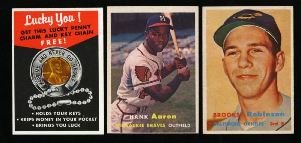 1957 TOPPS LOT AARON, B. ROBINSON ROOKIE CARD, LUCKY PENNY CARD