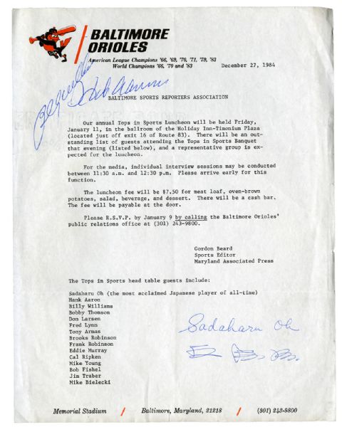 HANK AARON AND SADAHARU OH SIGNED BALTIMORE SPORT REPORTERS ANNOUNCEMENT