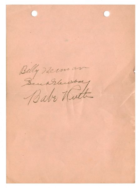 BABE RUTH SIGNED PIECE OF PAPER WITH TWO OTHERS