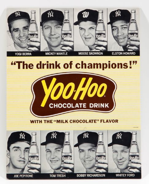 EARLY 1960S YOO-HOO CHOCOLATE DRINK COUNTER DISPLAY "THE DRINK OF CHAMPIONS" FEATURING MANTLE, BERRA, AND FORD